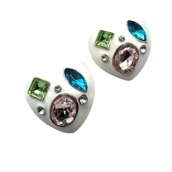 Womens Earrings Blue Pink Green Rhinestone White Enamel Heart Earrings Pierced - Picture 2 of 5